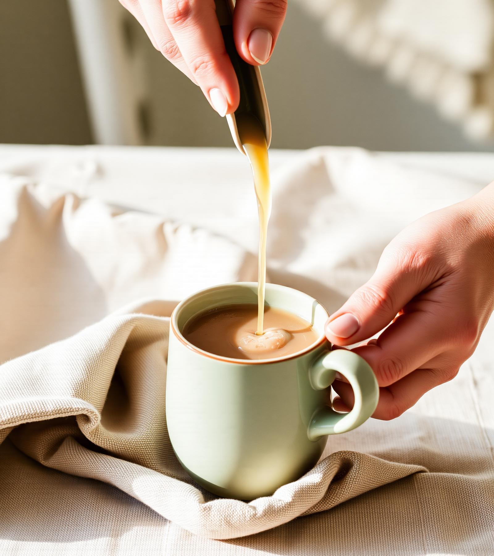 Hands pouring warm liquid into a sage ceramic cup